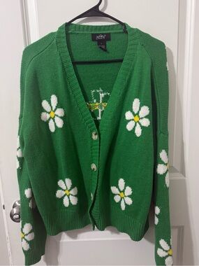 Just Polly Green Daisy Knit Cardigan Sweater